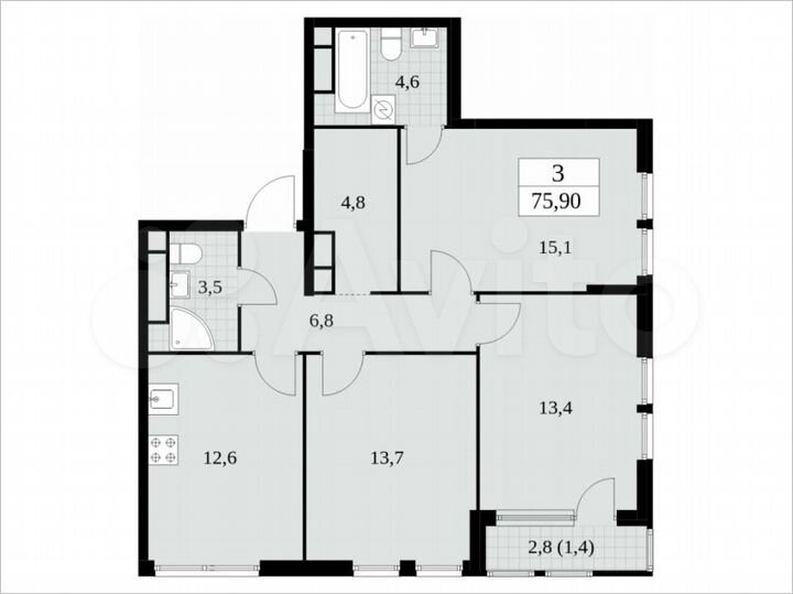 3-к. квартира, 75,9 м², 19/30 эт.