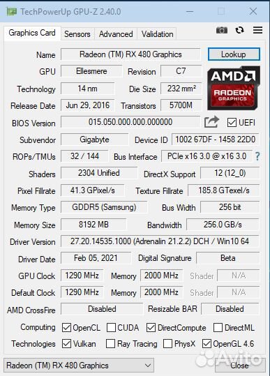 Видеокарта GigaByte RX580 RX480 8Gb