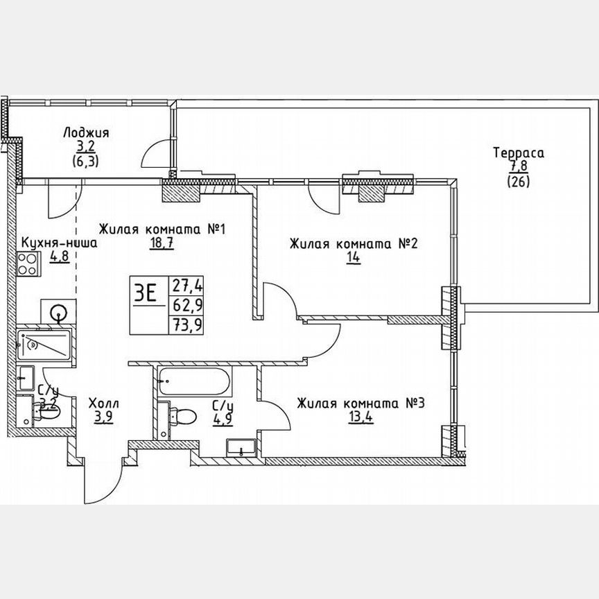 2-к. квартира, 62,9 м², 2/19 эт.