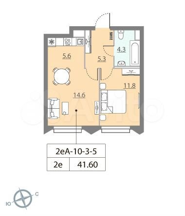 1-к. квартира, 41,6 м², 3/15 эт.