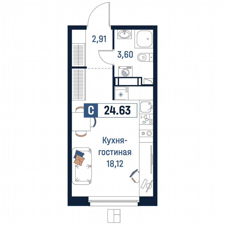 Квартира-студия, 24,6 м², 4/18 эт.