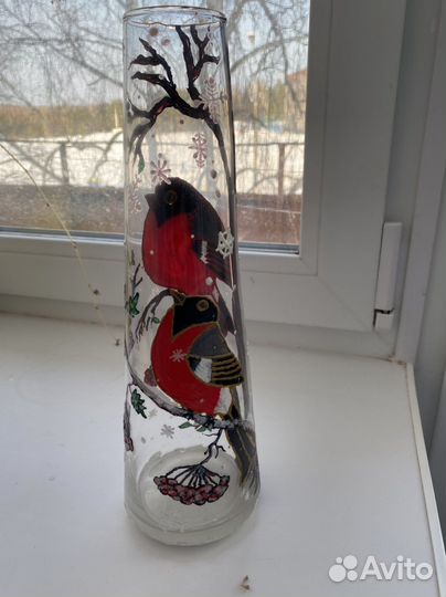 Стеклянная ваза с витражной росписью «Снегири»