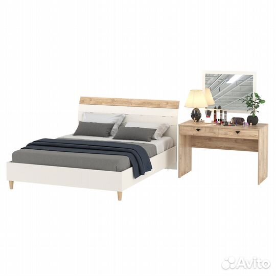 Двуспальная кровать на 1600 Муссон 11.41 с основанием и столиком с зеркалом белый/дуб эндгрейн элега