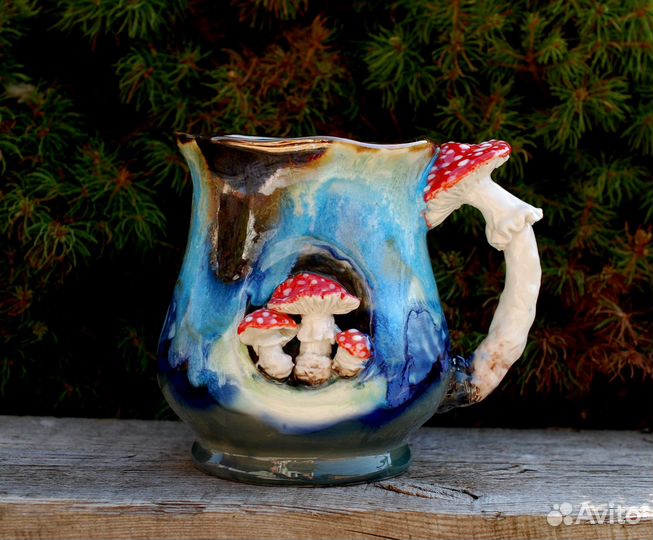 Большая Кружка с декором Грибы Ручная работа