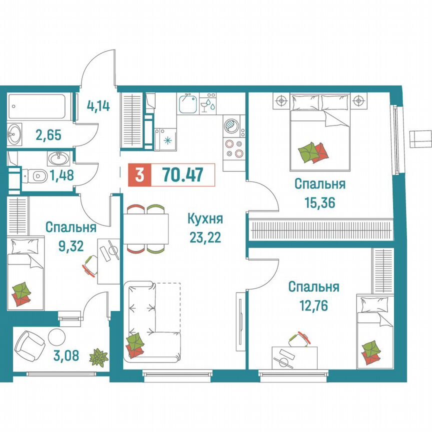 3-к. квартира, 70,5 м², 5/18 эт.