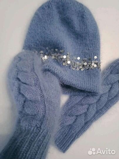 Новые шапка варежки снуд бактус бини ручная работа