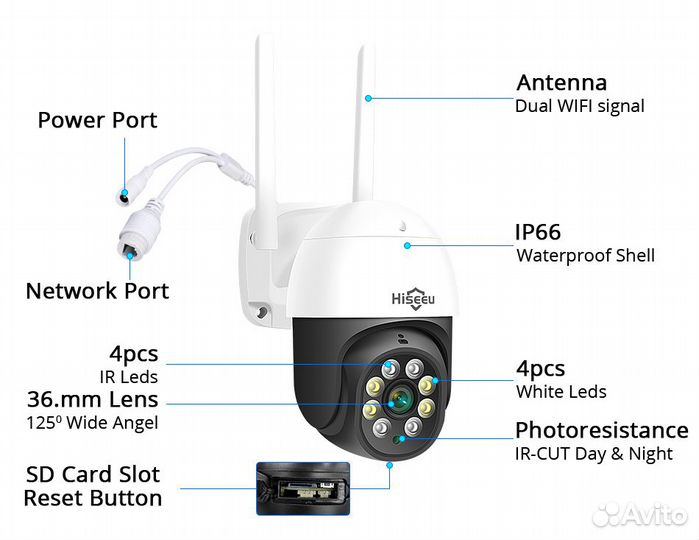 Купольная PTZ WiFi камера Hiseeu 2 Мп