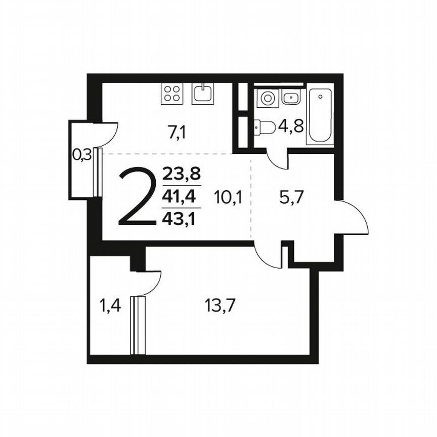 2-к. квартира, 43,1 м², 8/9 эт.