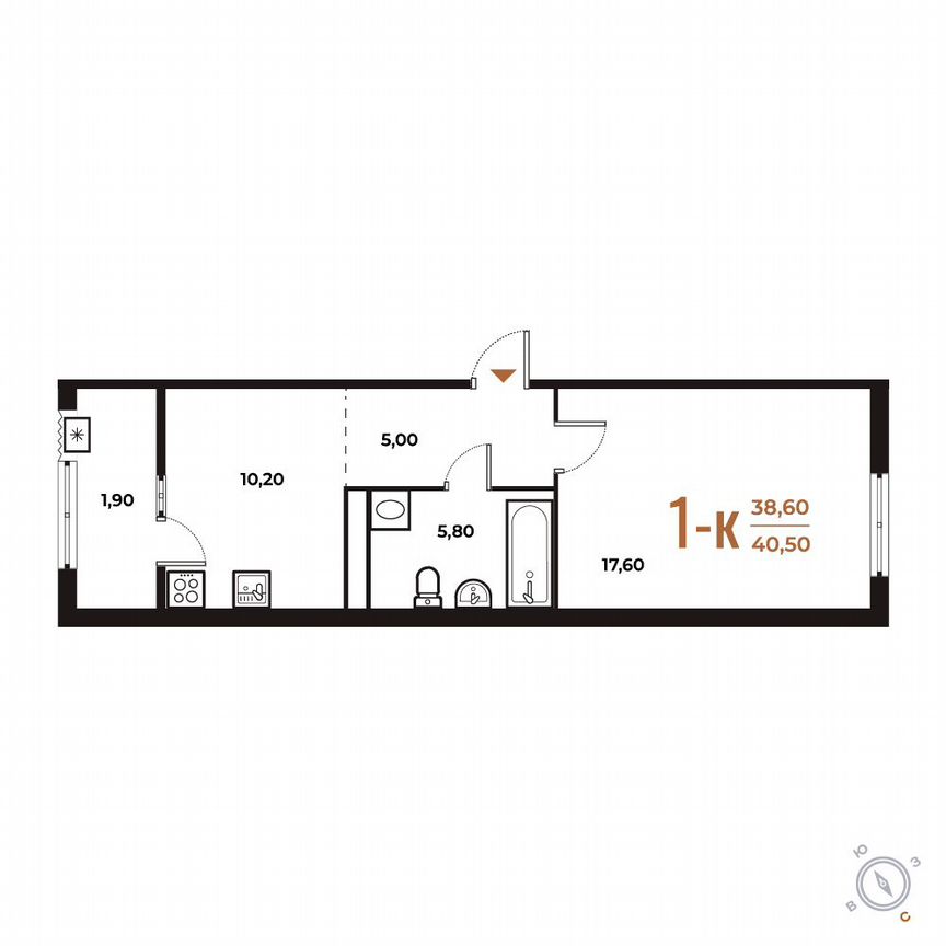 1-к. квартира, 40,5 м², 6/8 эт.