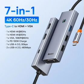 USB хаб Baseus 7 в 1 Type-C hdmi VGA Type-A Новый