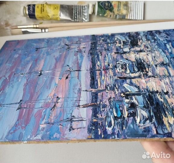 Картина маслом морской пейзаж лодки яхты море