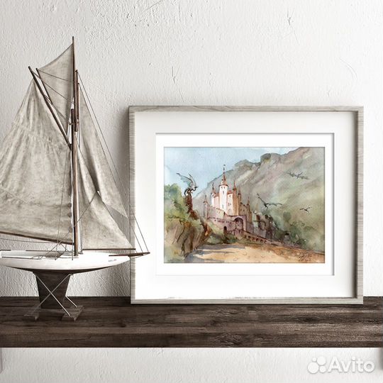 Драконы и замок Фэнтези картина акварелью Оригинал