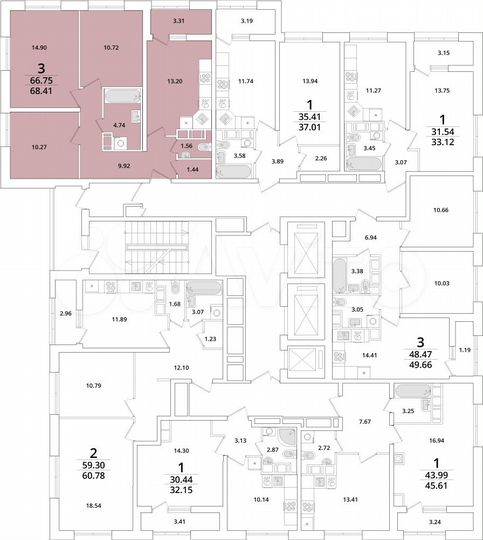 3-к. квартира, 68,4 м², 18/23 эт.