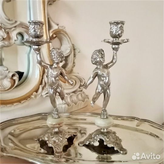 Антикварные подсвечники с Путти серебрение Италия