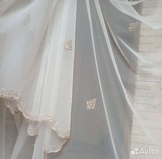 Тюль сетка с жемчугом и кофейной вышивкой,италия