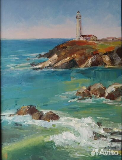 Морской пейзаж. Маяк. Холст на картоне, масло