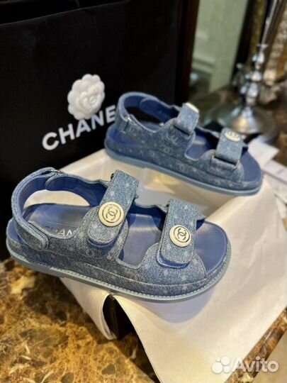 Сандалии chanel голубые джинсовые