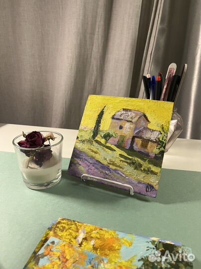 Картина маслом пейзаж в теплых тонах лаванда