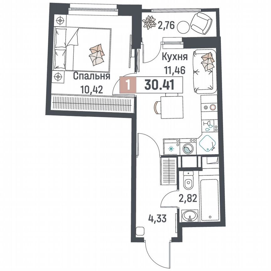 1-к. квартира, 30,4 м², 12/18 эт.