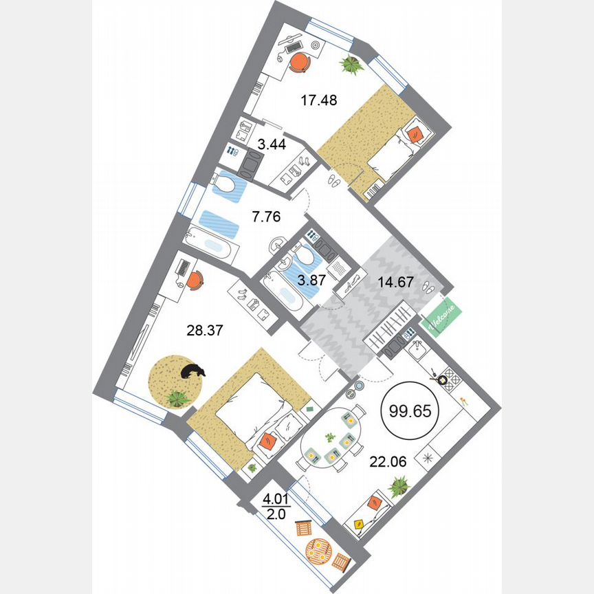 2-к. квартира, 99,7 м², 3/12 эт.