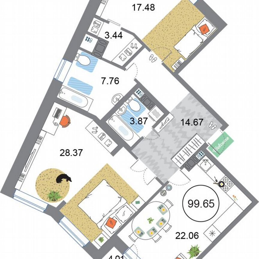 2-к. квартира, 99,7 м², 3/12 эт.