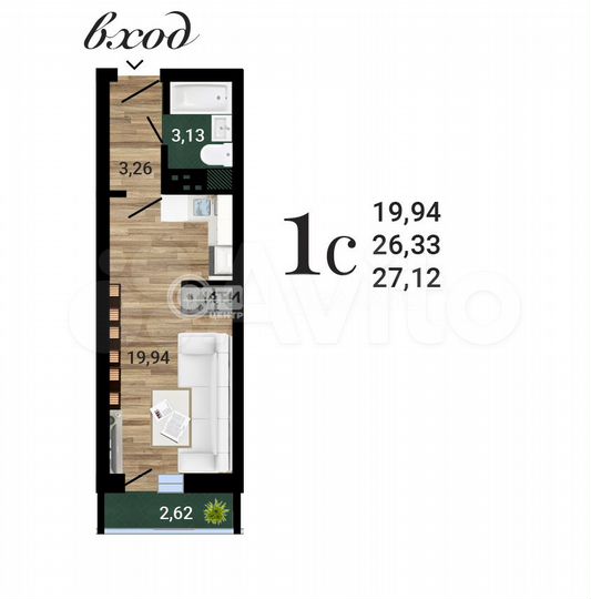 Квартира-студия, 27,1 м², 25/27 эт.