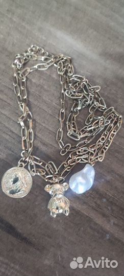 Колье с мишкой, монетой, жемчугом Цепь
