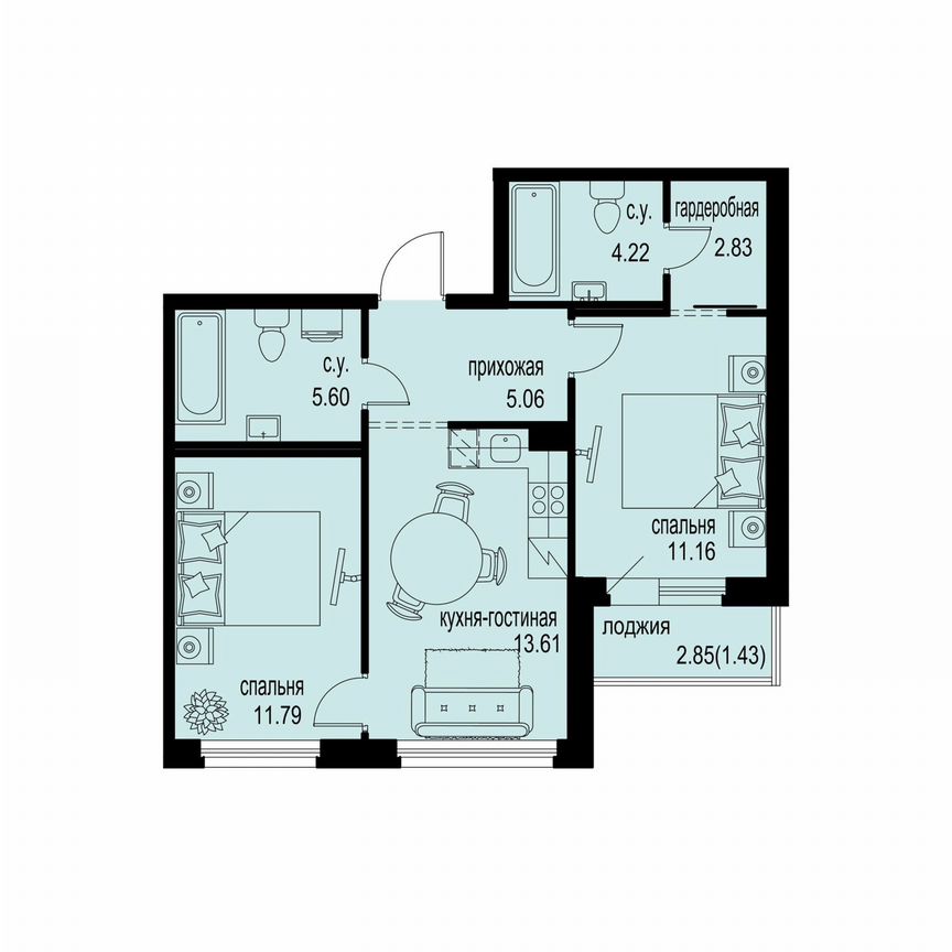 2-к. квартира, 55,7 м², 2/12 эт.