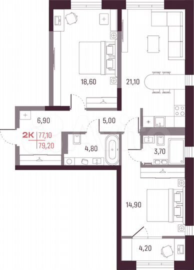 2-к. квартира, 77,1 м², 15/25 эт.