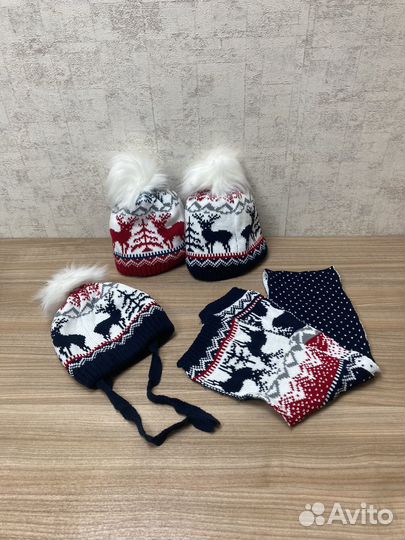 Новые шапка и шарф с новогодними оленями для детей
