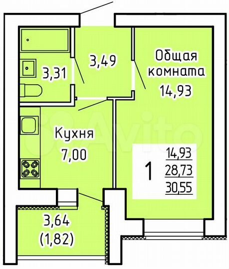 1-к. квартира, 30,6 м², 8/9 эт.