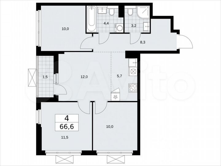 4-к. квартира, 66,6 м², 18/19 эт.