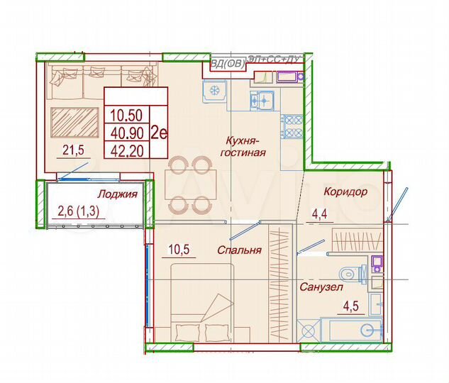 1-к. квартира, 42,2 м², 1/6 эт.