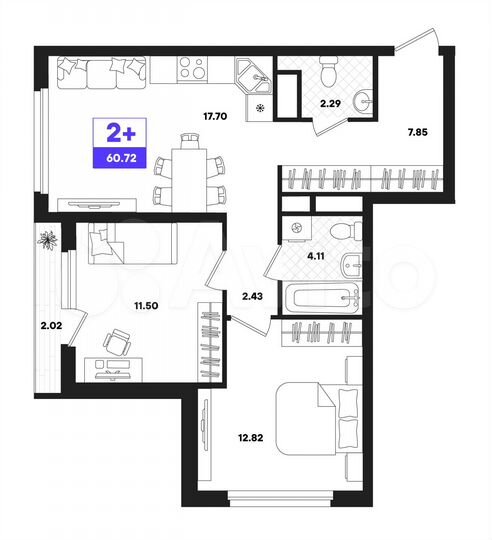 2-к. квартира, 60,7 м², 13/22 эт.