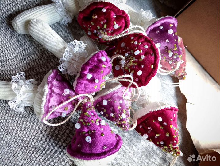 Грибы текстильные ёлочные игрушки мухоморы розовые