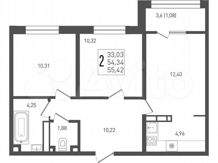 2-к. квартира, 55,4 м², 3/9 эт.