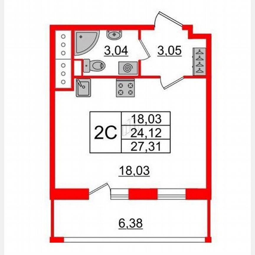 Квартира-студия, 24,1 м², 3/20 эт.