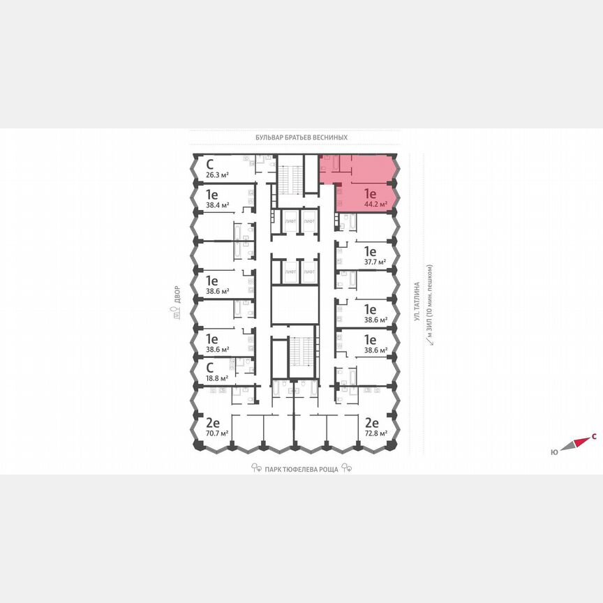 1-к. квартира, 44,2 м², 12/43 эт.