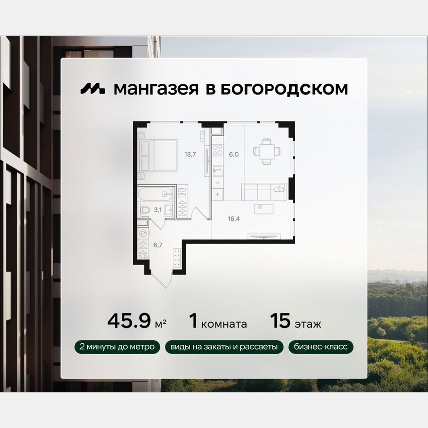 1-к. квартира, 45,9 м², 15/31 эт.