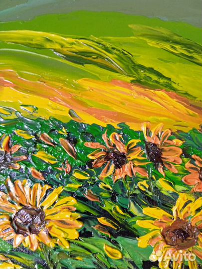 Картина маслом пейзаж Подсолнухи и закат. Мастихин