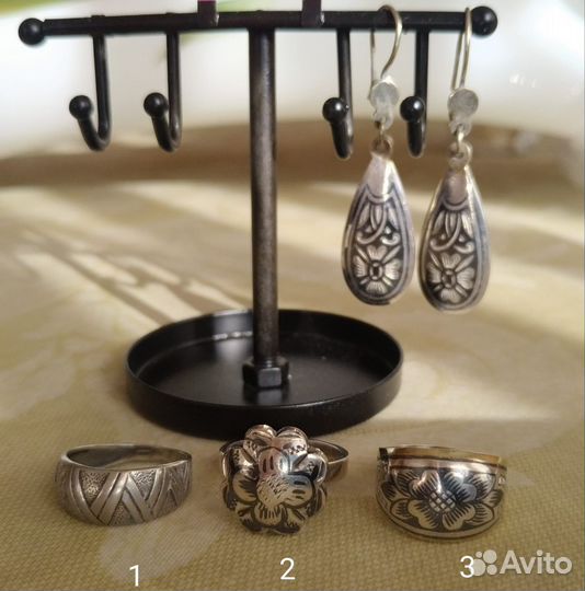 Винтажное серебро 1980е года серьги кольца