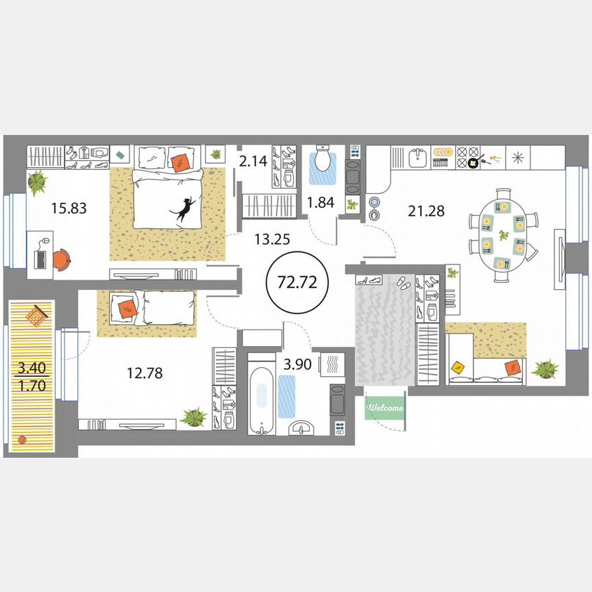 2-к. квартира, 72,7 м², 7/12 эт.