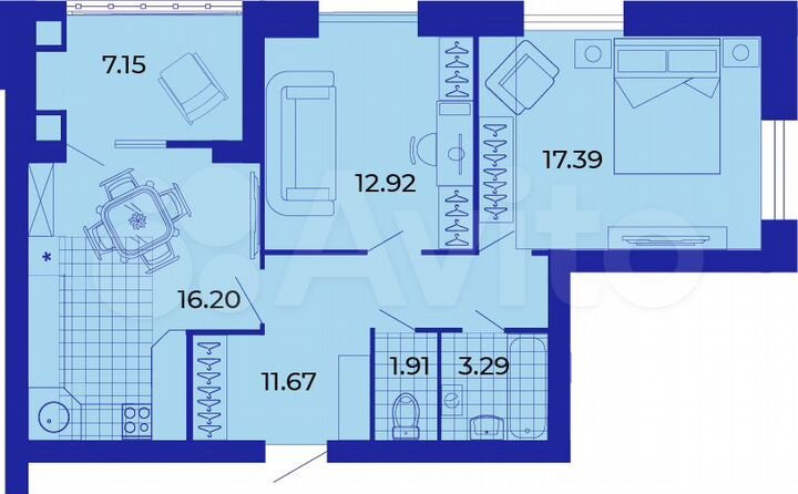 2-к. квартира, 70,5 м², 6/9 эт.