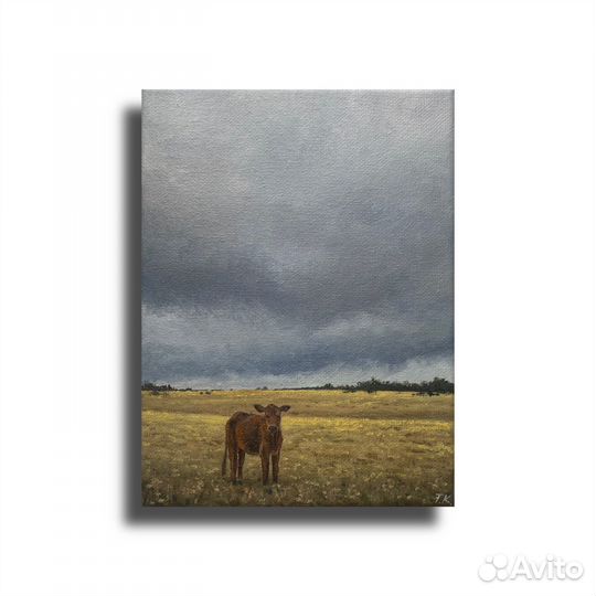 Мини картина пейзаж с коровой