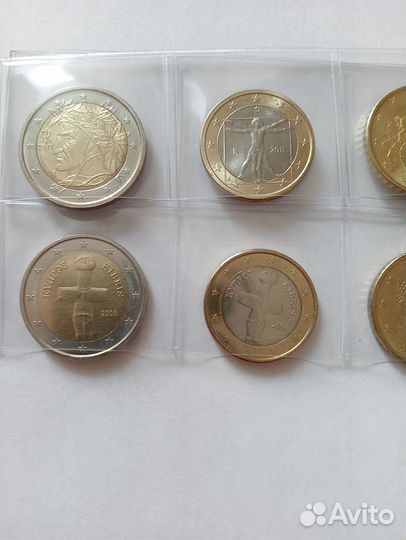 Монеты евро, 2 полных набора, в обращении не были