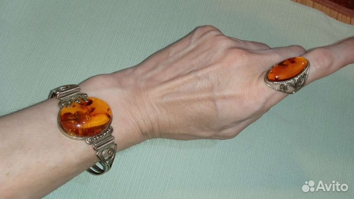 Шикарный комплект янтарь, браслет, кольцо, СССР