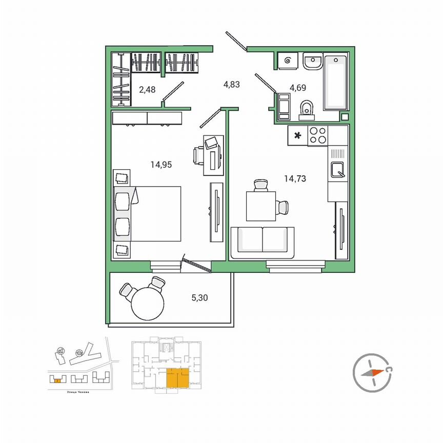 1-к. квартира, 43,5 м², 4/9 эт.