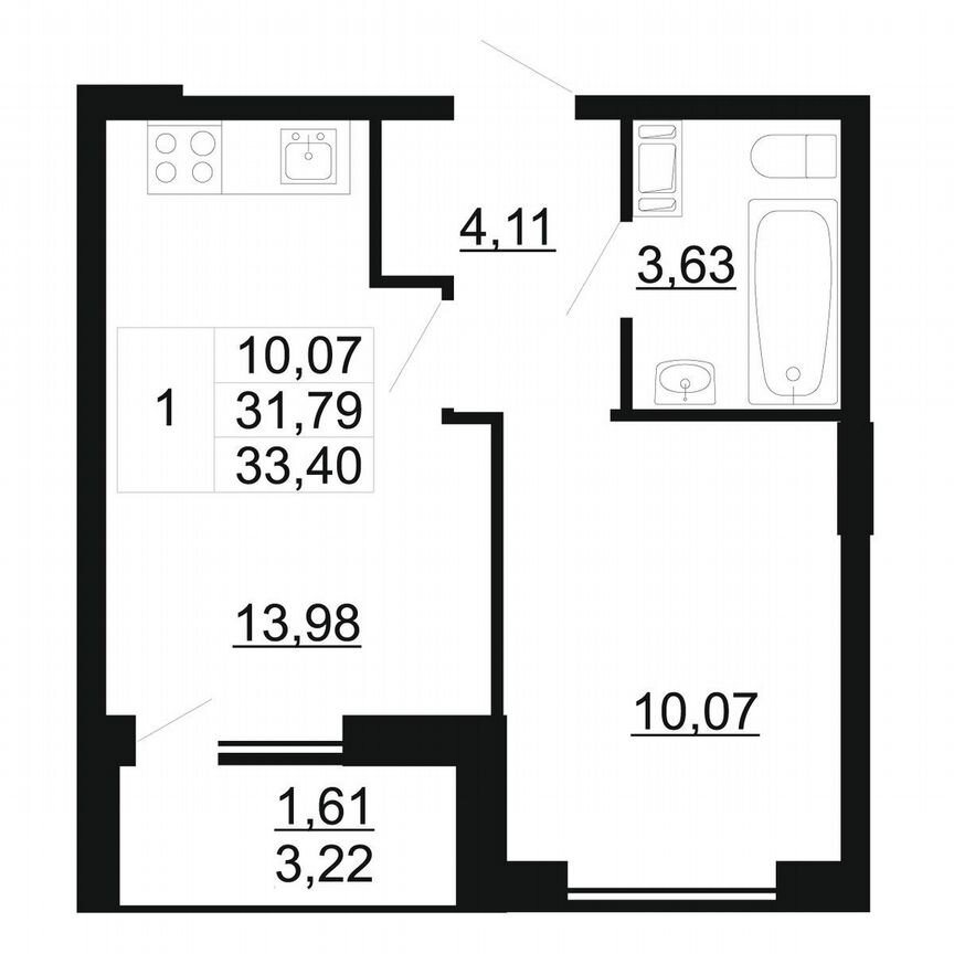 1-к. квартира, 33,4 м², 3/11 эт.