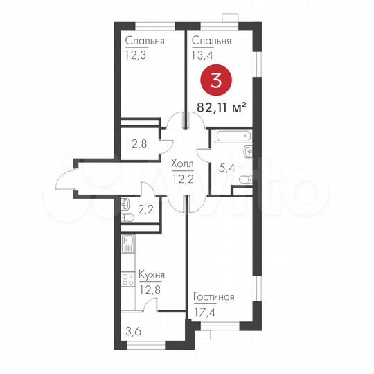 3-к. квартира, 82,1 м², 2/19 эт.