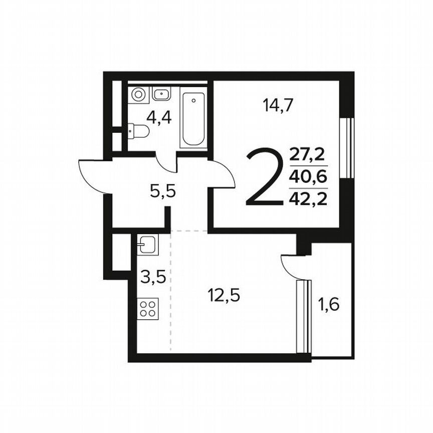 2-к. квартира, 42,2 м², 9/9 эт.